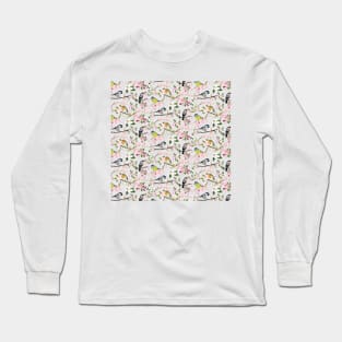 Garden Bird Illustration Pattern Long Sleeve T-Shirt